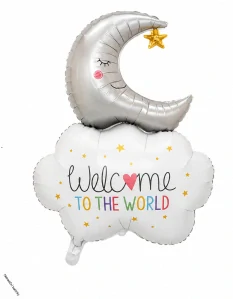Fóliový balónek Welcome to the World – měsíc a obláček pro oslavu narození miminka