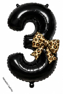 Balónkové číslo 3 s leopardí mašlí – černé fóliové číslo