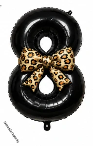 Balónkové číslo 8 s leopardí mašlí – černé fóliové číslo