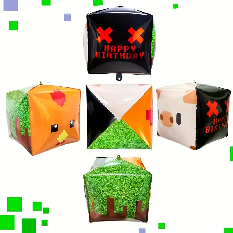 Hranatý balónek Minecraft – fóliový balónek ve tvaru kostky s různými stranami na dětské narozeniny