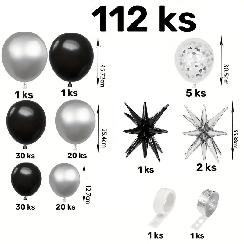 Balónkový set - Černo-stříbrný 112ks