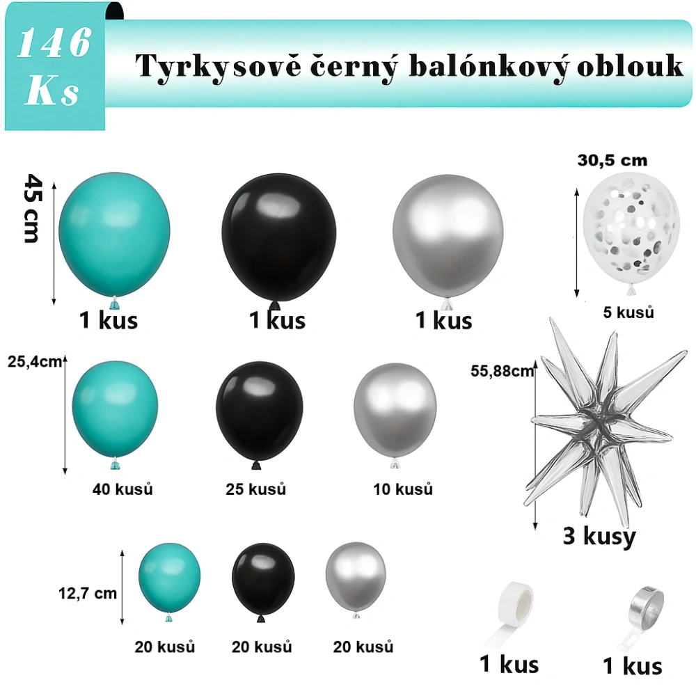 Balónkový set - Tyrkysovo-černo-stříbrný 146 ks